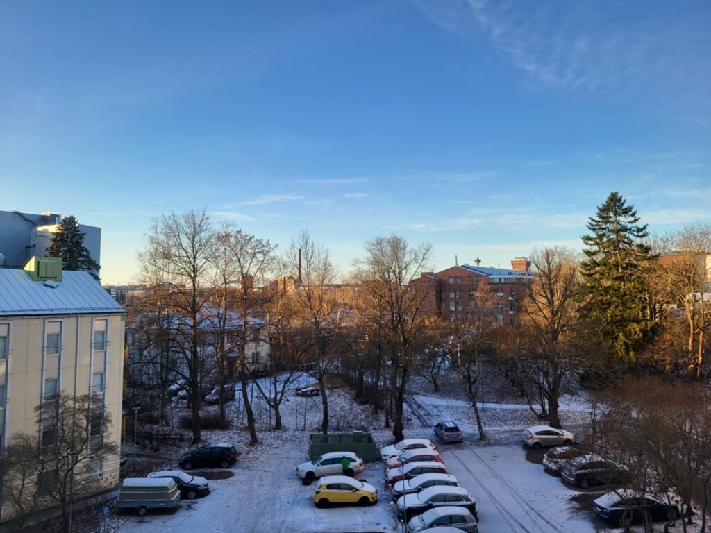 Winterse ochtend in mijn achtertuin na de eerste sneeuw