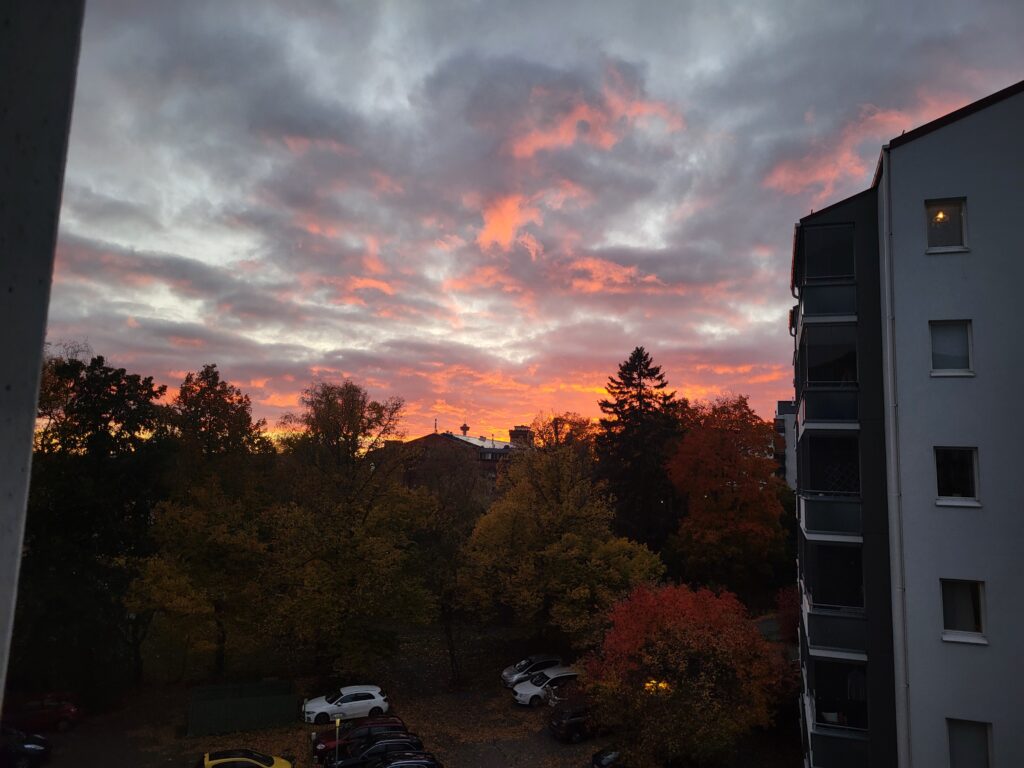 De rode lucht van een zonsondegang, op de onderste helft kan de foto zie je herfstbomen en een stukje van een flat